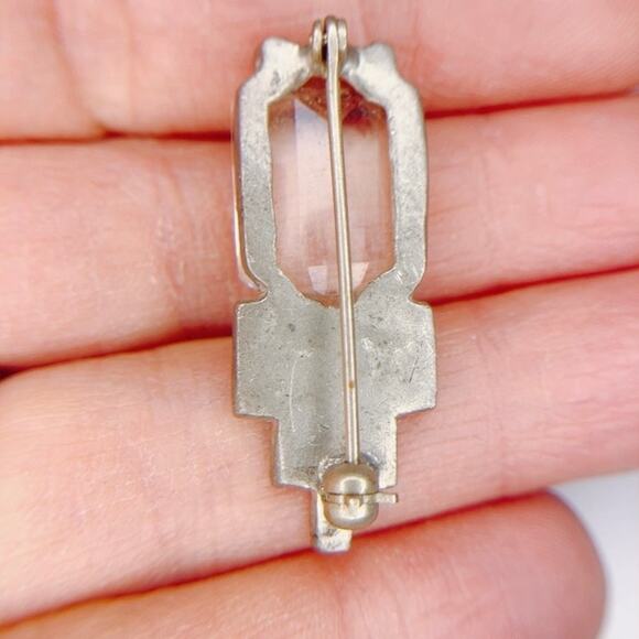 Antique Art Deco Paste Stone Brooch, Vintage 30s Glass Pin Pot Metal Geometric - Picture 3 of 6